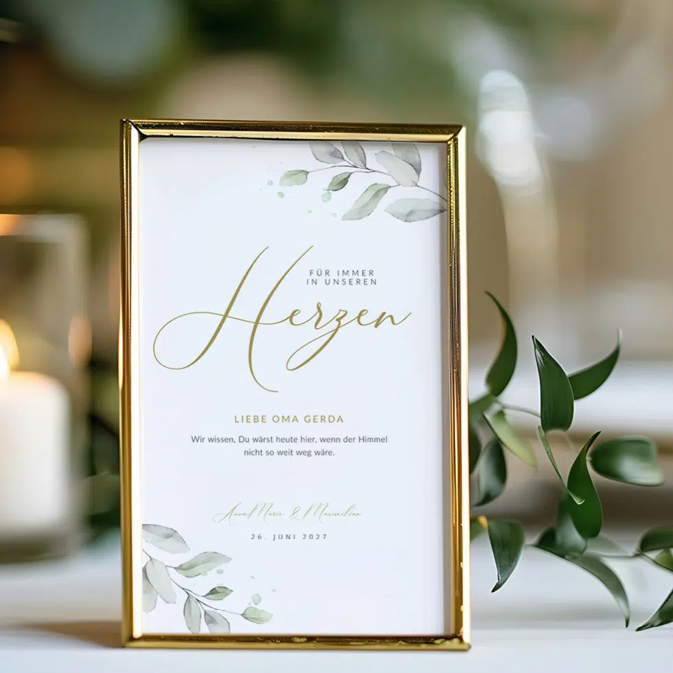 Schild „Gedenken an Verstorbene“ bei der Hochzeit – Eukalyptus